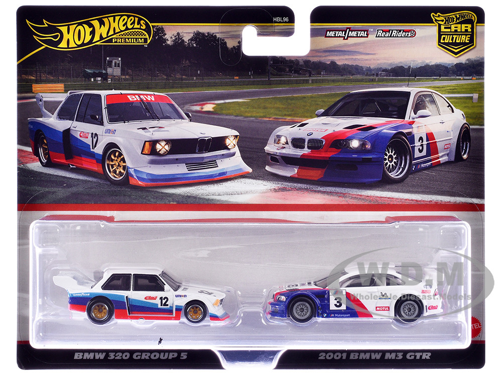BMW 320 Group 5 #12 White with Stripes and 2001 BMW M3 GTR #3 White with Stripes "Car Culture" Set of 2 Cars Diecast Model Cars by Hot Wheels