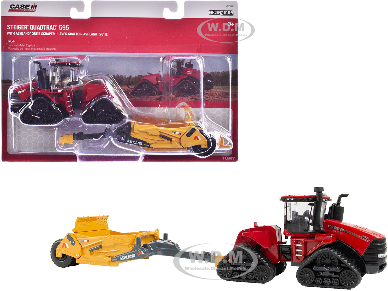 Case IH Steiger 595 Quadtrac Tractor Red with Ashland 2811E Scraper Yellow "Case IH Agriculture" Series 1/64 Diecast Model by ERTL TOMY