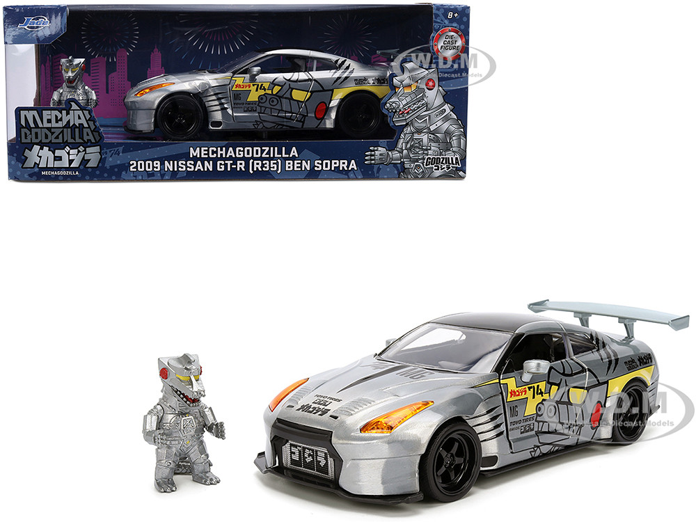 Jada 1:24 2009 Nissan GT-R (R35) Ben Sopra Brushed Metal with Black Top and Graphics and Mechagodzilla Diecast Figure "Godzilla" Franchise "Anime Hollywood Ride