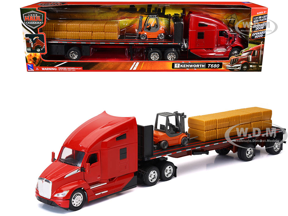 Kenworth T680 Truck Red and Flatbed Trailer with Forklift and Hay Load "Long Haul Trucker" Series 1/32 Diecast Model by New Ray