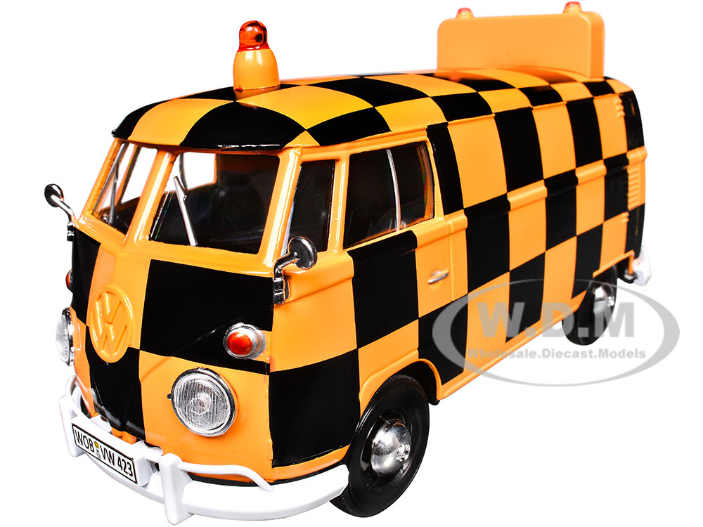 Volkswagen Type 2 (T1) Airport Runway Delivery Van and Checkered Black 1:24 diecast model Motormax