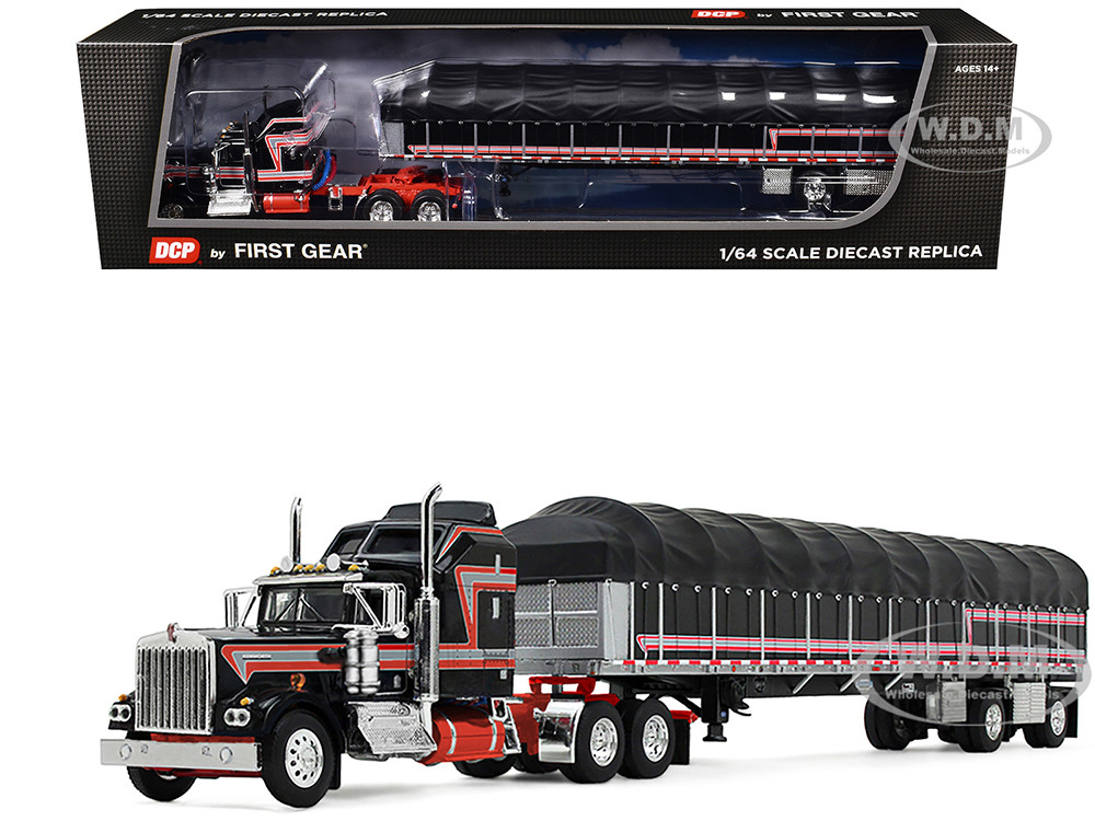 Kenworth W900A with 60" Aerodyne Sleeper and 53 Wilson Roadbrute Flatbed Trailer with Covered Wagon Black with Red Stripes 1/64 Diecast Model by DCP/F