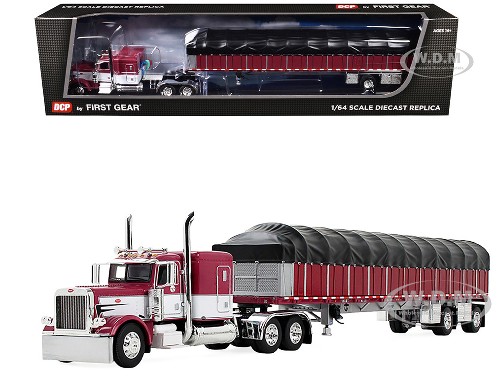 First Gear Dcp 1:64 Peterbilt 389 with 63" Flat Top Sleeper and 53 Wilson Roadbrute Flatbed Trailer with Covered Wagon Maroon with White Stripes 1/64 Diecast Model by DCP
