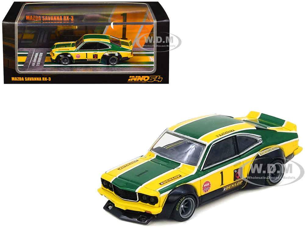 Inno Models 1:64 Mazda RX-3 Savanna RHD (Right Hand Drive) #1 "Katayama Racing Livery" Green and Yellow Striped 1/64 Diecast Model Car by Inno Models