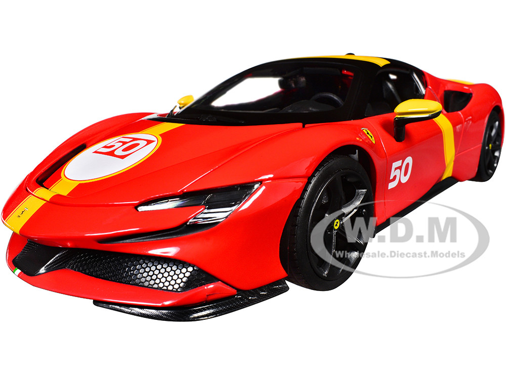 Ferrari SF90 Stradale Assetto Fiorano #50 Red with Black Top and Yellow Stripes "Race + Play" Series 1/18 Diecast Model Car by Bburago