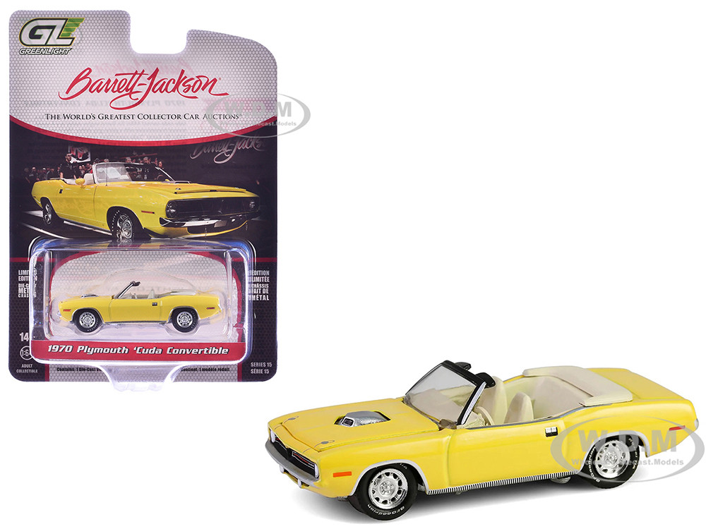 Greenlight 1:64 1970 Plymouth 'Cuda Convertible Yellow "Barrett-Jackson" Series 15 1/64 Diecast Model Car by Greenlight