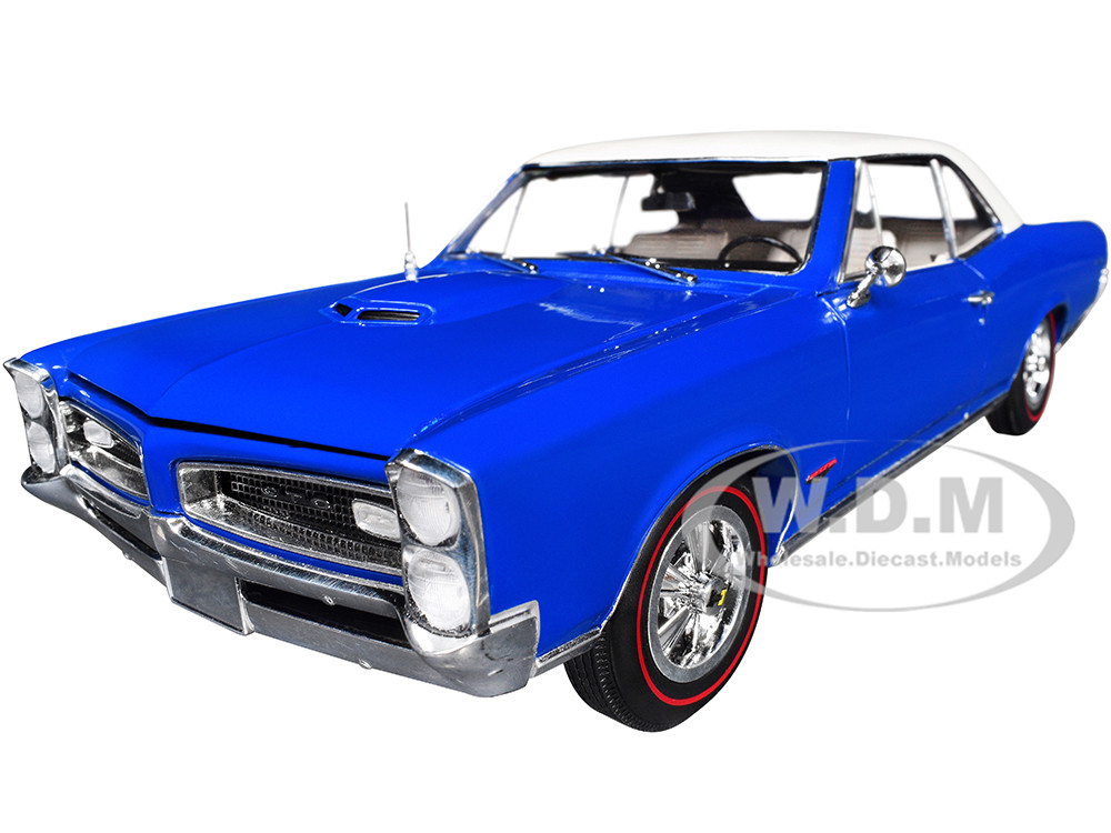 1966 Pontiac GTO Barrier Blue with White Top and Interior 1/18 Diecast Model Car by Highway 61