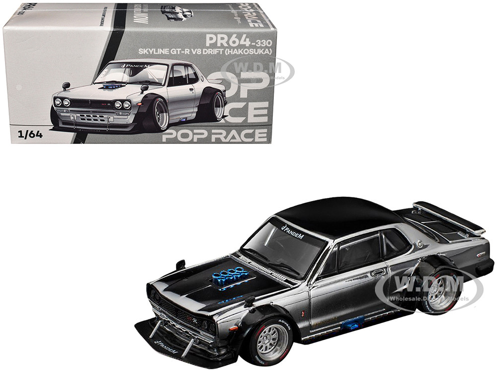 Pop Race 1:64 Skyline GT-R V8 Drift "Hakosuka" RHD (Right Hand Drive) Silver Chrome with Black Hood and Top 1/64 Diecast Model Car by Pop Race