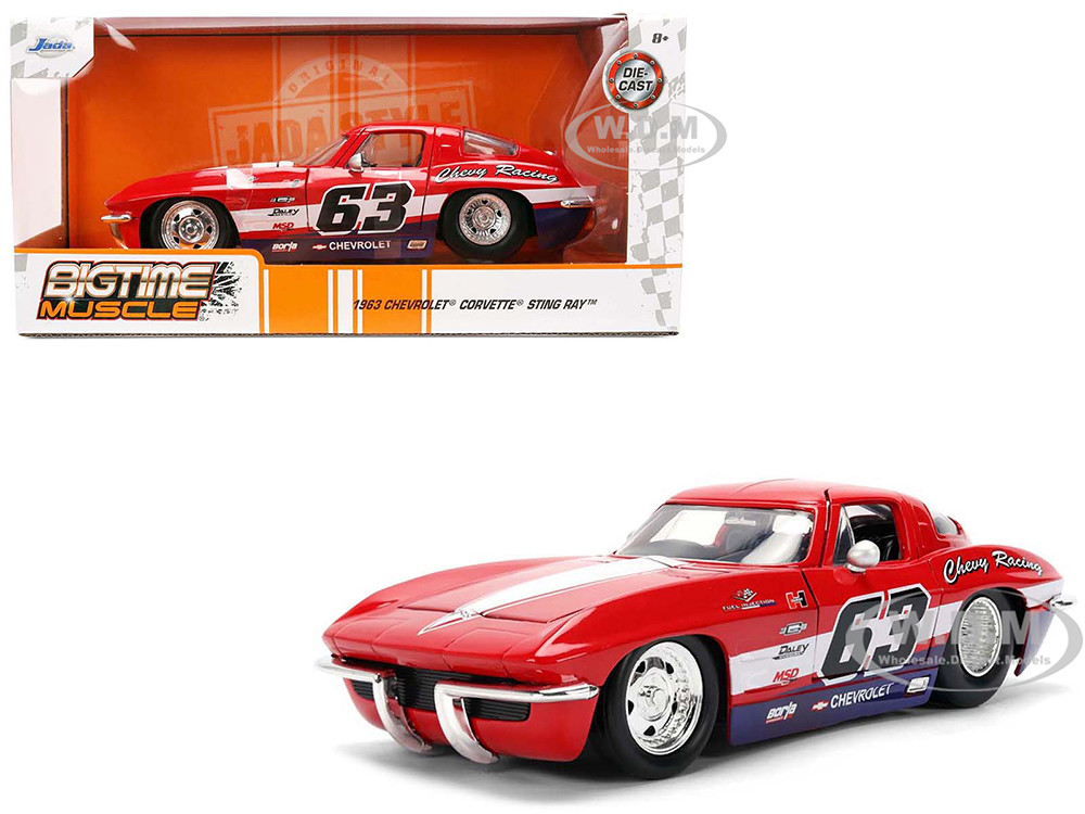Jada 1:24 1963 Chevrolet Corvette Stingray #63 "Chevy Racing" Red with White and Blue Stripes "Bigtime Muscle" Series 1/24 Diecast Model Car by Jada