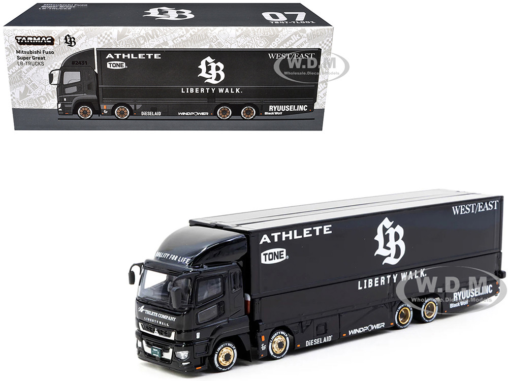Mitsubishi Fuso Super Great Truck RHD (Right Hand Drive) with Transporter "Liberty Walk" Black "Truck64" Series 1/64 Diecast Model Car by Tarmac Works