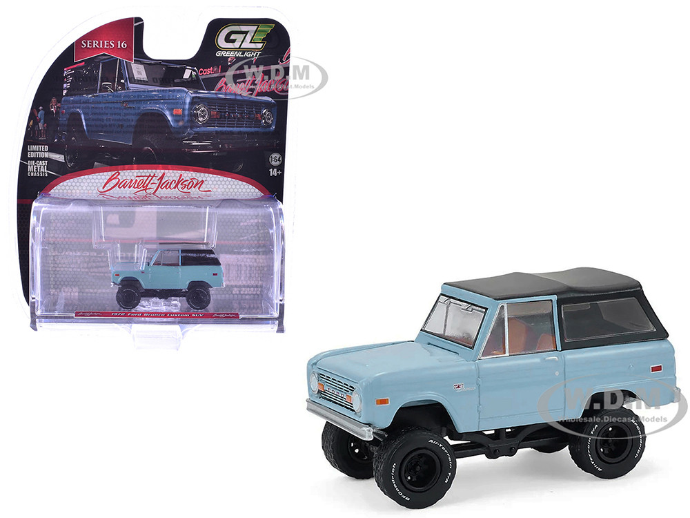 Greenlight 1:64 1972 Ford Bronco Custom SUV Light Blue with Black Top "Barrett-Jackson" Series 16 1/64 Diecast Model Car by Greenlight