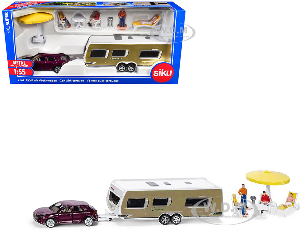 Porsche Macan Turbo Maroon Metallic and Dethleffs Exclusiv Emotion Caravan with Figures and Camp Accessories Set 1/55 Diecast Model by Siku