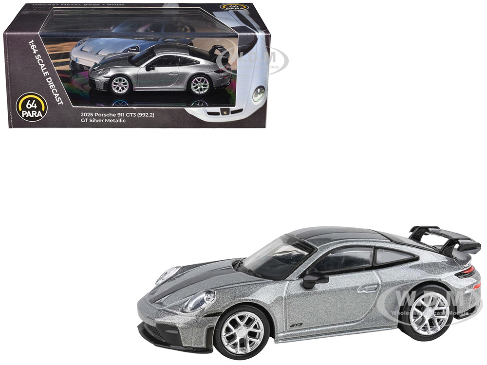 Paragon Models 1:64 2025 Porsche 911 GT3 (992.2) GT Silver Metallic with Carbon Stripe 1/64 Diecast Model Car by Paragon Models