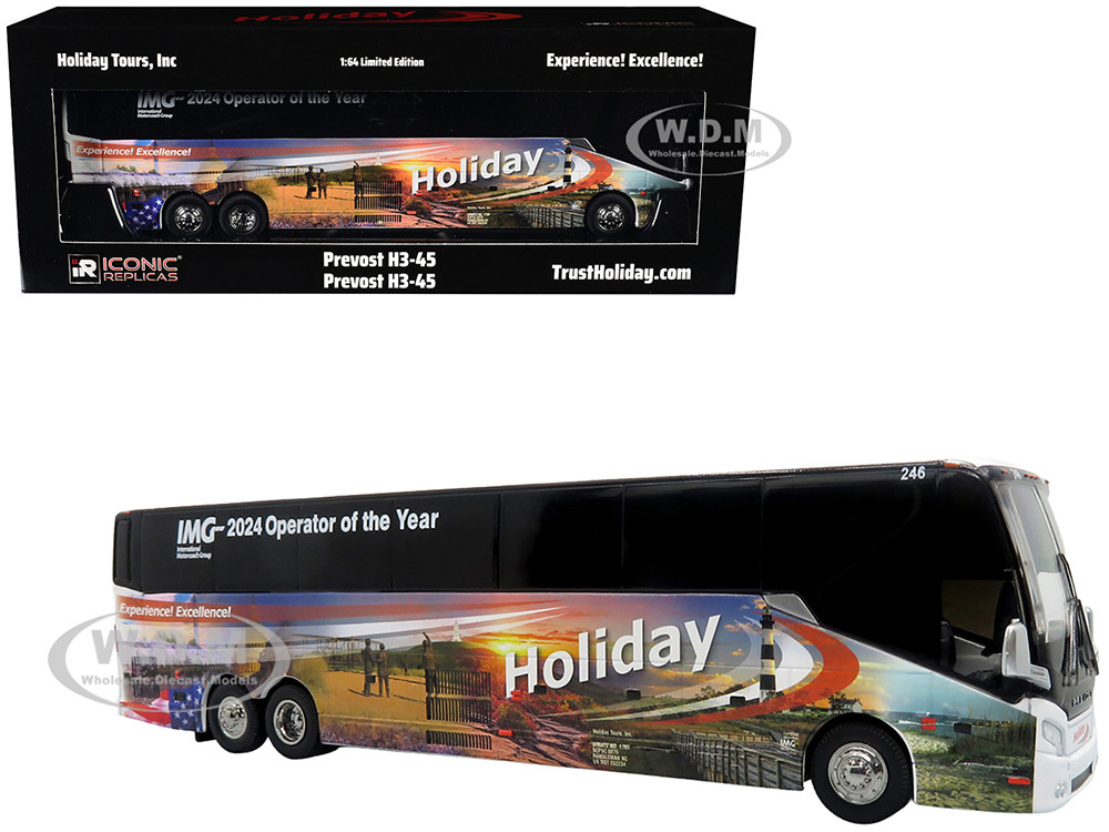 Prevost H3-45 Coach Bus "Holiday Tours - 2024 IMG Operator of the Year" White with Graphics Limited Edition 1/64 Diecast Model by Iconic Replicas