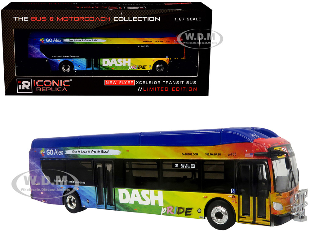 New Flyer Xcelsior XN40 Transit Bus "DASH Pride Livery" Blue with Rainbow Graphics "The Bus & Motorcoach Collection" Limited Edition 1/87 (HO) Diecast
