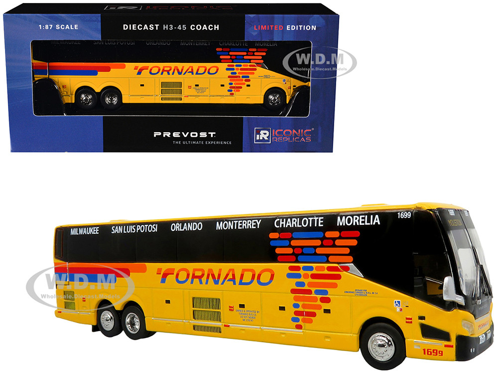 Prevost H3-45 Coach Bus "Tornado Bus Company" Yellow with Graphics Limited Edition 1/87 (HO) Diecast Model by Iconic Replicas