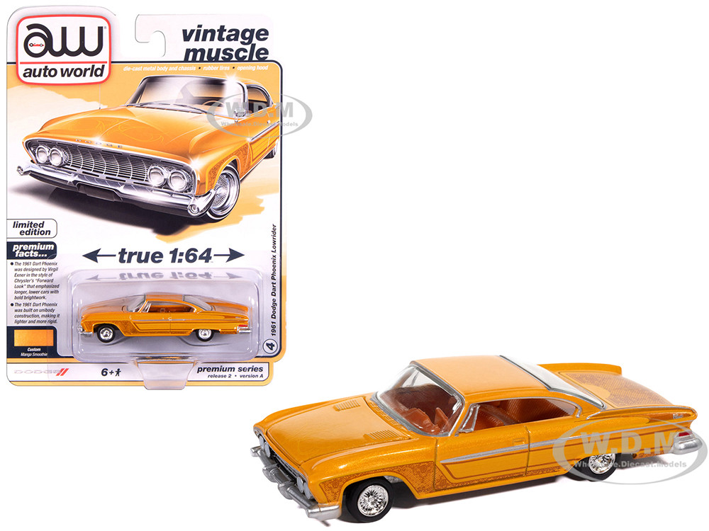 1961 Dodge Dart Phoenix Lowrider Mango Smoothie Metallic with Graphics and Orange Interior "Vintage Muscle" Series 1/64 Diecast Model Car by Auto Worl