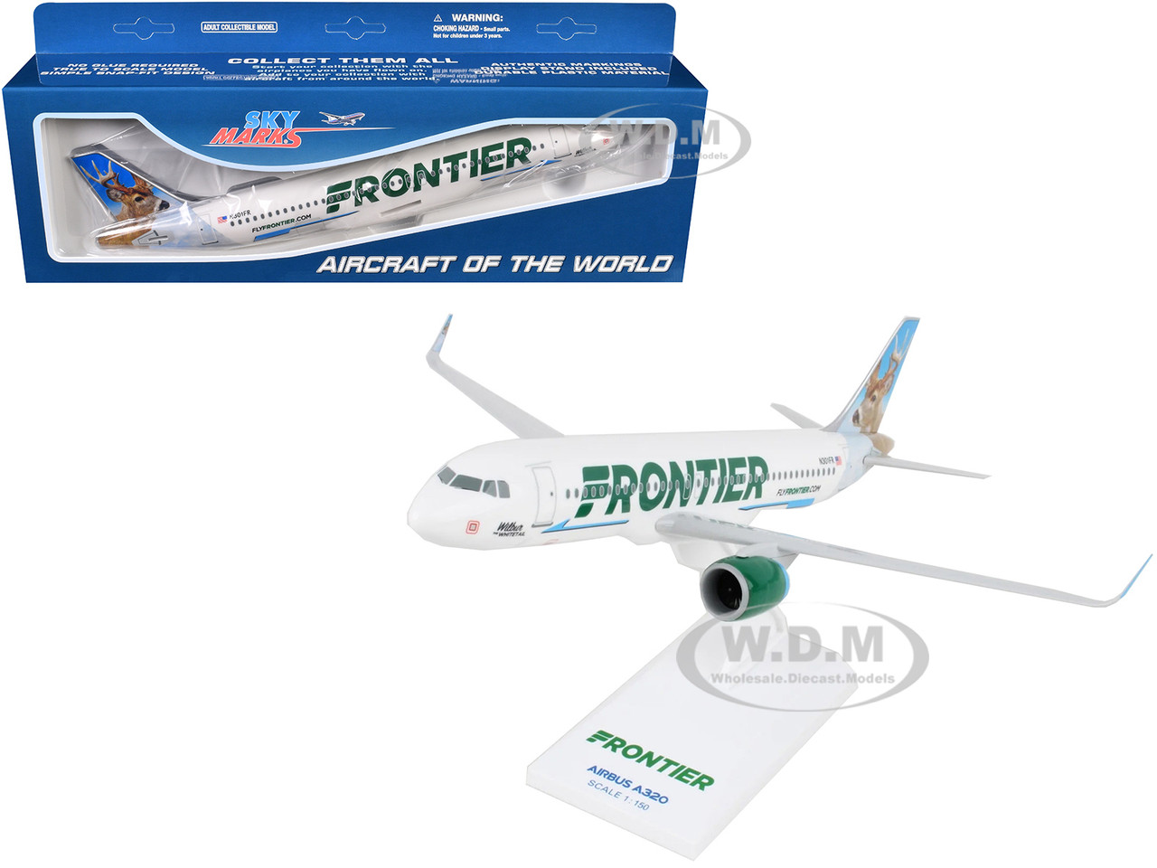 Airbus A320neo Commercial Aircraft "Frontier Airlines - Wilbur the Whitetail" (N301FR) White with Tail Graphics (Snap-Fit) 1/150 Plastic Model by Skym