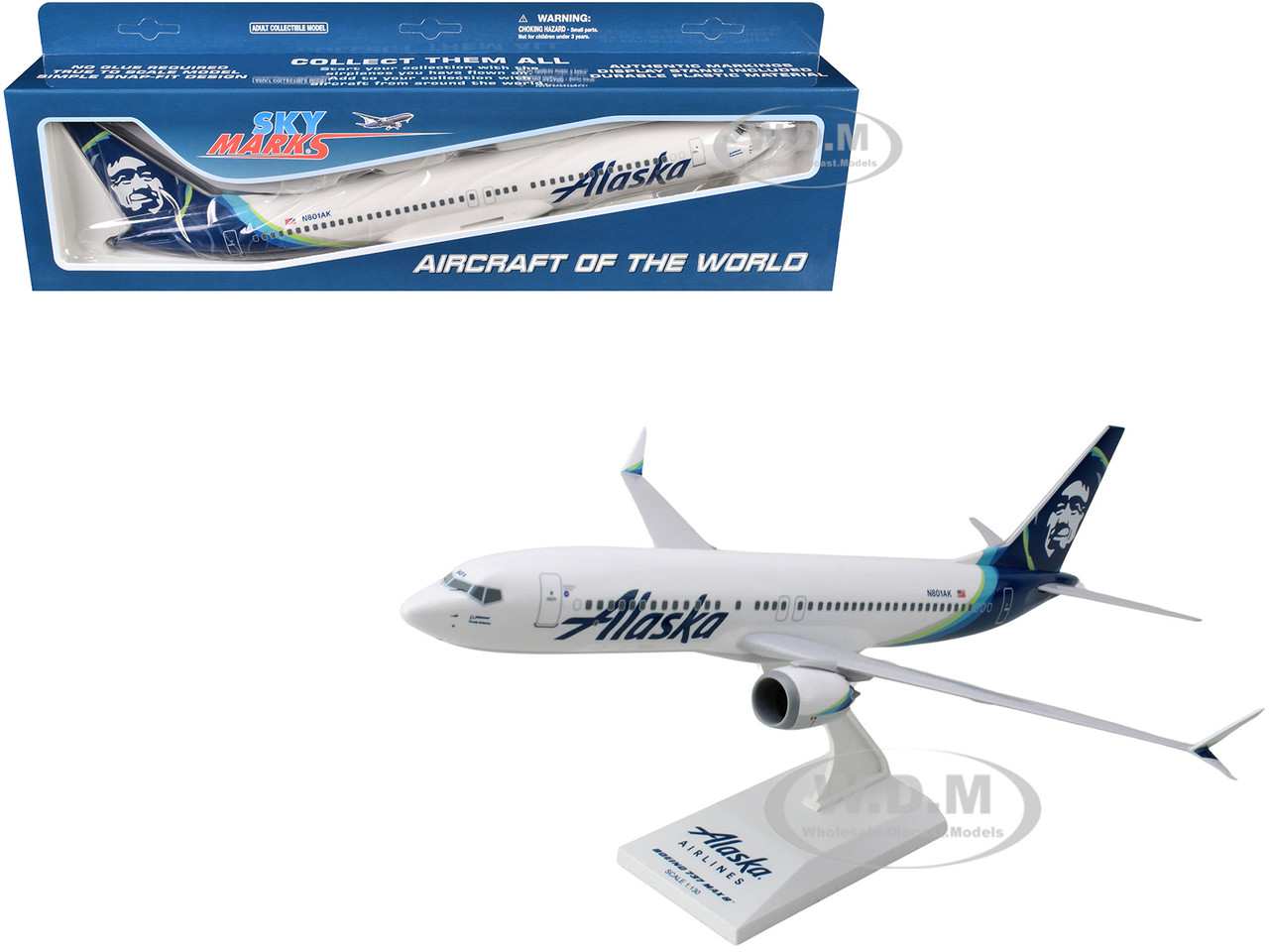 Boeing 737 MAX 8 Commercial Aircraft "Alaska Airlines" (N801AK) White with Blue Tail (Snap-Fit) 1/130 Plastic Model by Skymarks