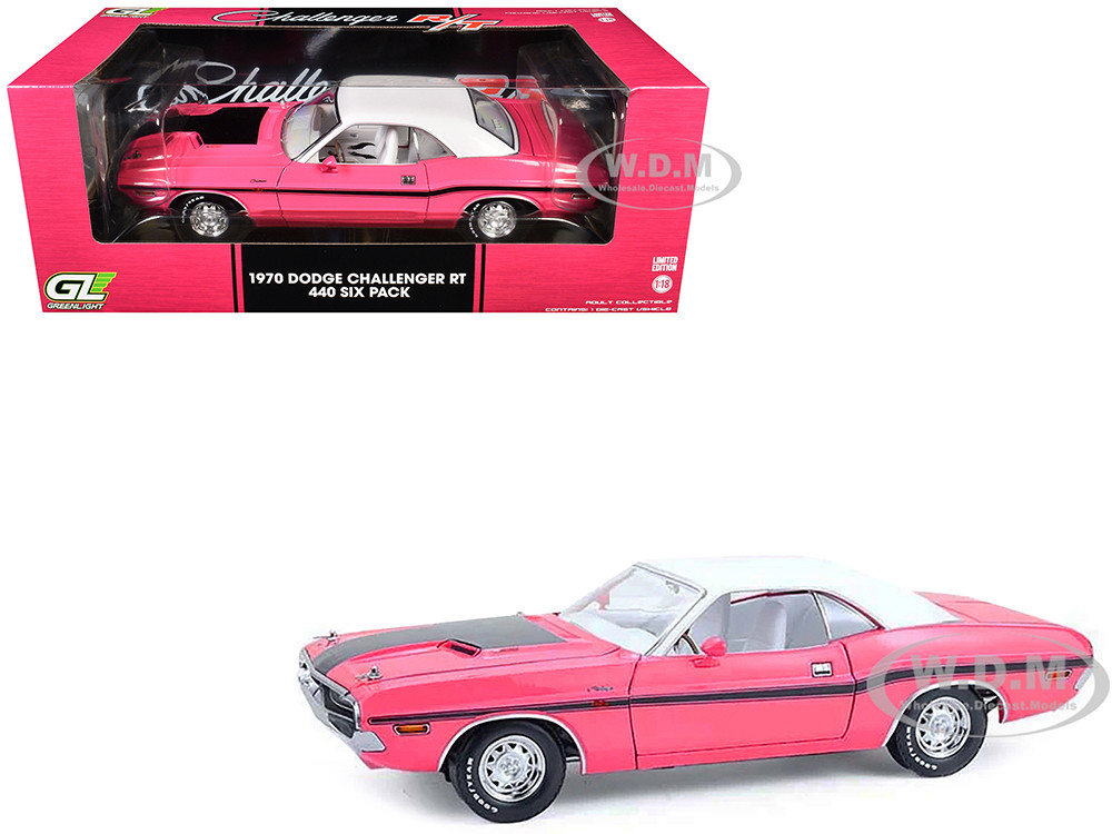 1970 Dodge Challenger R/T 440 Six Pack Panther Pink with Black Stripes, White Top and White Interior 1/18 Diecast Model Car by Greenlight