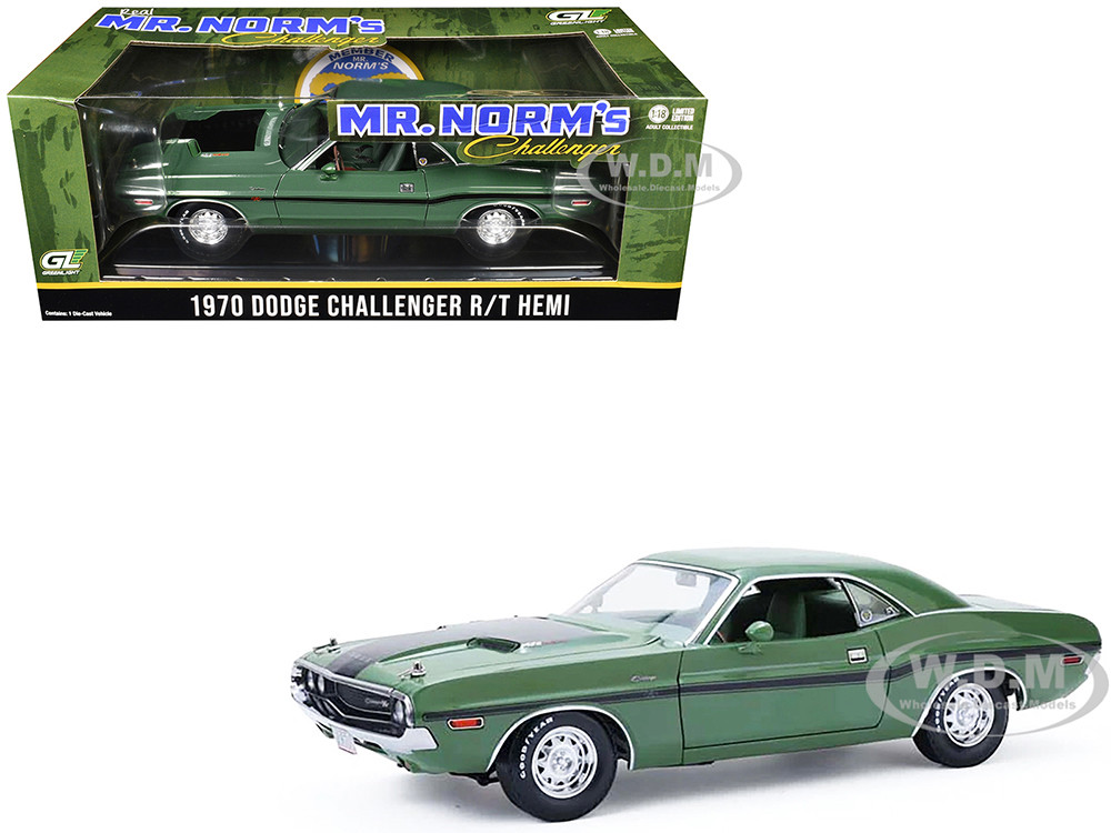 1970 Dodge Challenger R/T Hemi F8 Green with Black Stripes and Green Interior "Mr. Norm's Challenger" 1/18 Diecast Model Car by Greenlight