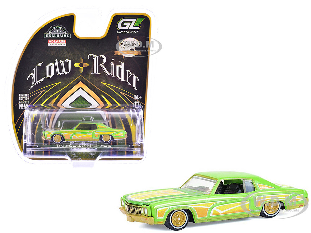 Greenlight 1:64 1970 Chevrolet Monte Carlo Lowrider "Michael Heralda Special Edition" Lime Green with Graphics "Hobby Exclusive" Series 1/64 Diecast Model Car by Gree