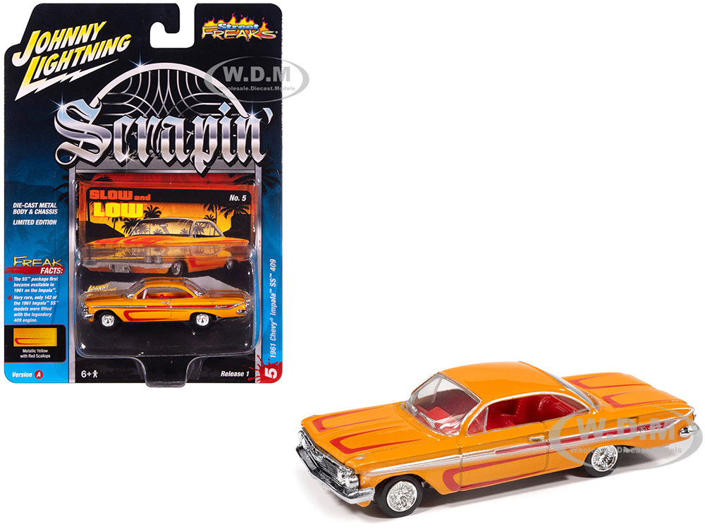 Johnny Lightning 1:64 1961 Chevrolet Impala SS 409 Yellow Metallic with Red Stripes and Interior "Scrapin" Series 1/64 Diecast Model Car by Johnny Lightning