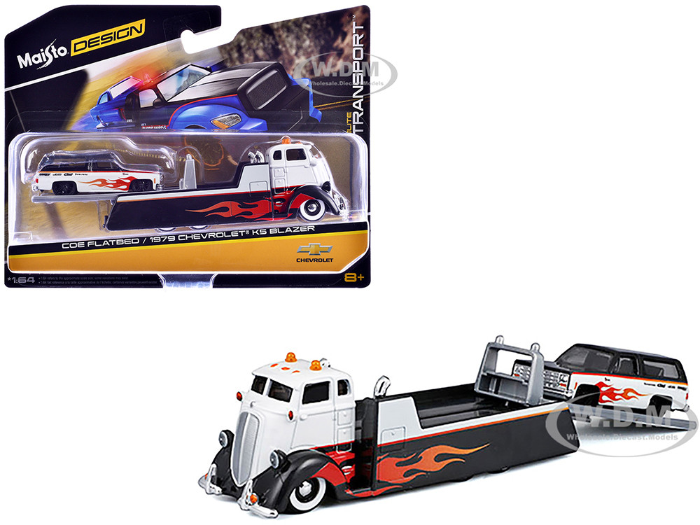 1979 Chevrolet COE Flatbed Truck and Flame Graphics and K5 Blazer and Flame Graphics "Elite Transport" Series Models Black 1:64 diecast model Maisto