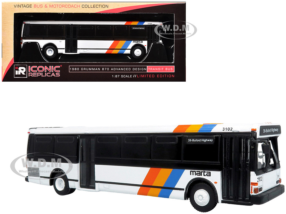 1980 Grumman 870 Advanced Design Transit Bus "MARTA Atlanta" White with Stripes "Vintage Bus & Motorcoach Collection" Limited Edition 1/87 (HO) Diecas