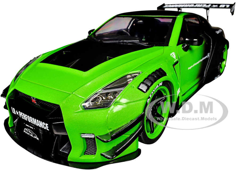 Nissan GT-R (R35) Liberty Walk Body Kit 2.0 RHD (Right Hand Drive) Green and Matt Black "Pink Slips" Series 1/18 Diecast Model Car by Jada