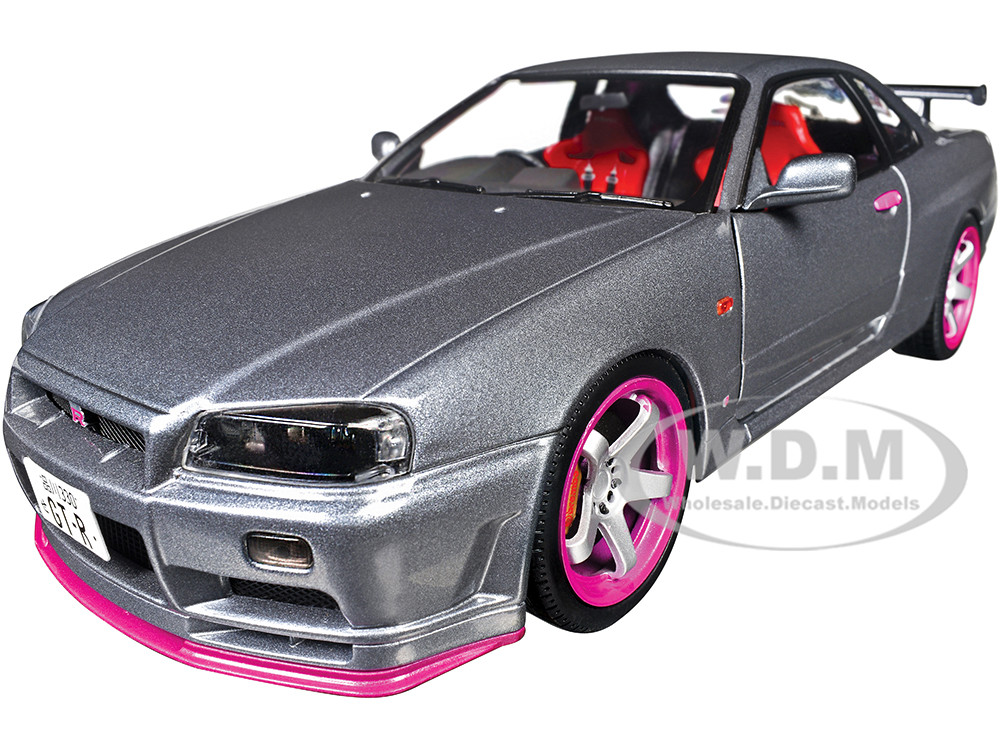 1999 Nissan Skyline GT-R (R34) RHD (Right Hand Drive) Silver Metallic with Purple Wheels 1/18 Diecast Model Car by Solido