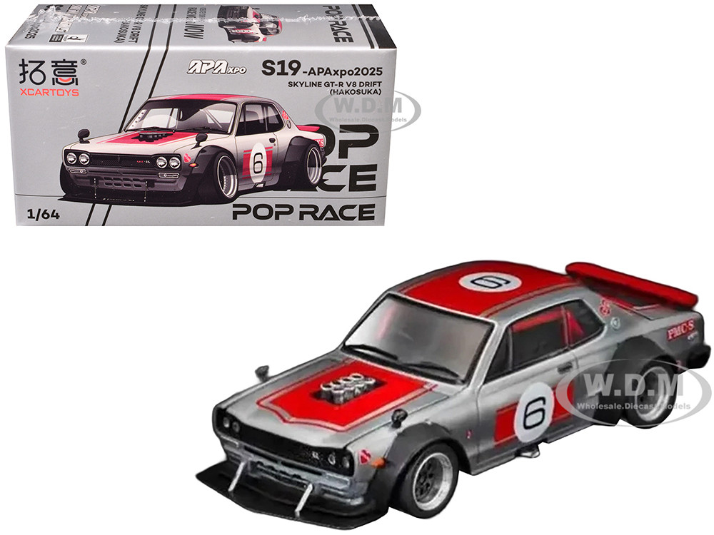 Skyline GT-R V8 Drift "Hakosuka" RHD (Right Hand Drive) #6 Silver Metallic with Red Stripes "APA XPO 2025 Exclusive" 1/64 Diecast Model Car by Pop Rac