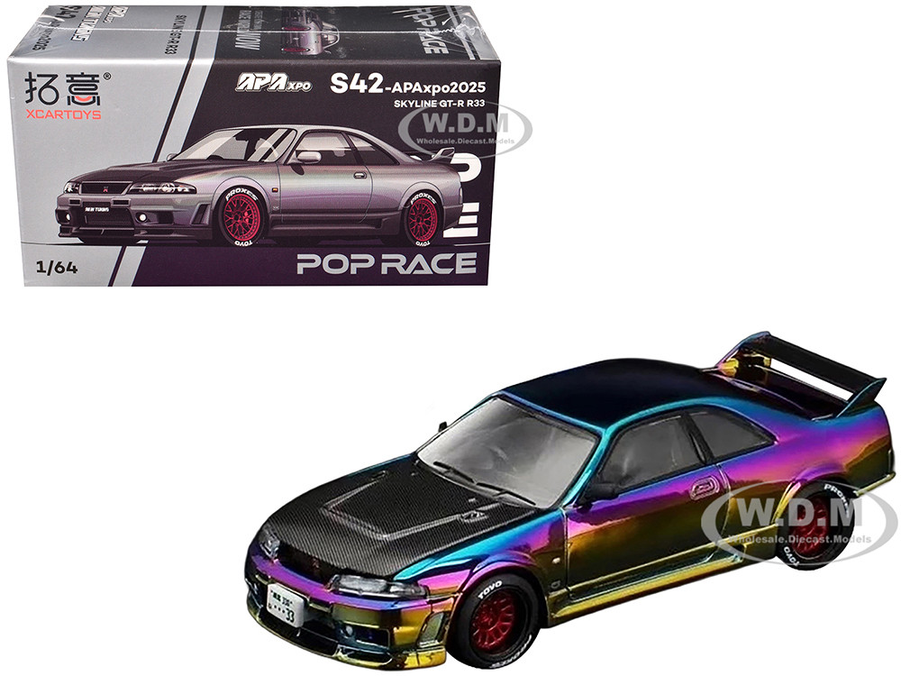 Skyline GT-R (R33) RHD (Right Hand Drive) Chameleon Chrome with Carbon Hood "APA XPO 2025 Exclusive" 1/64 Diecast Model Car by Pop Race