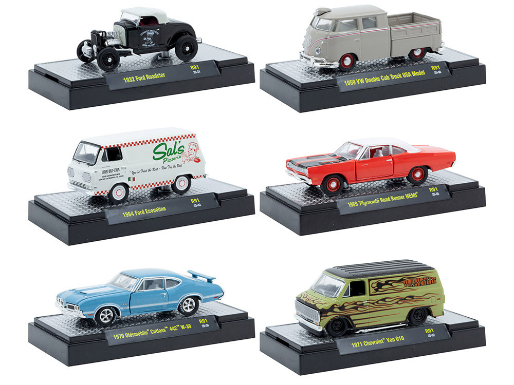 "Auto Meets" Set of 6 Cars IN DISPLAY CASES Release 91 Limited Edition 1/64 Diecast Model Cars by M2 Machines