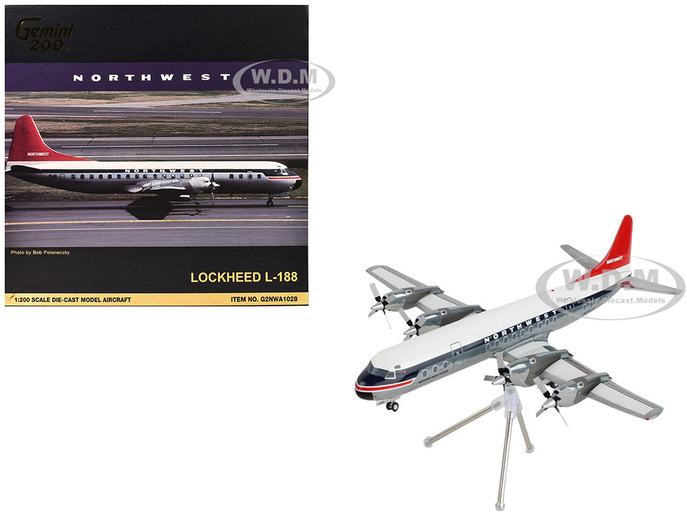 Lockheed L-188 Electra Commercial Aircraft "Northwest Orient" (N128US) White and Gray with Blue Stripes and Red Tail "Gemini 200" Series 1/200 Diecast