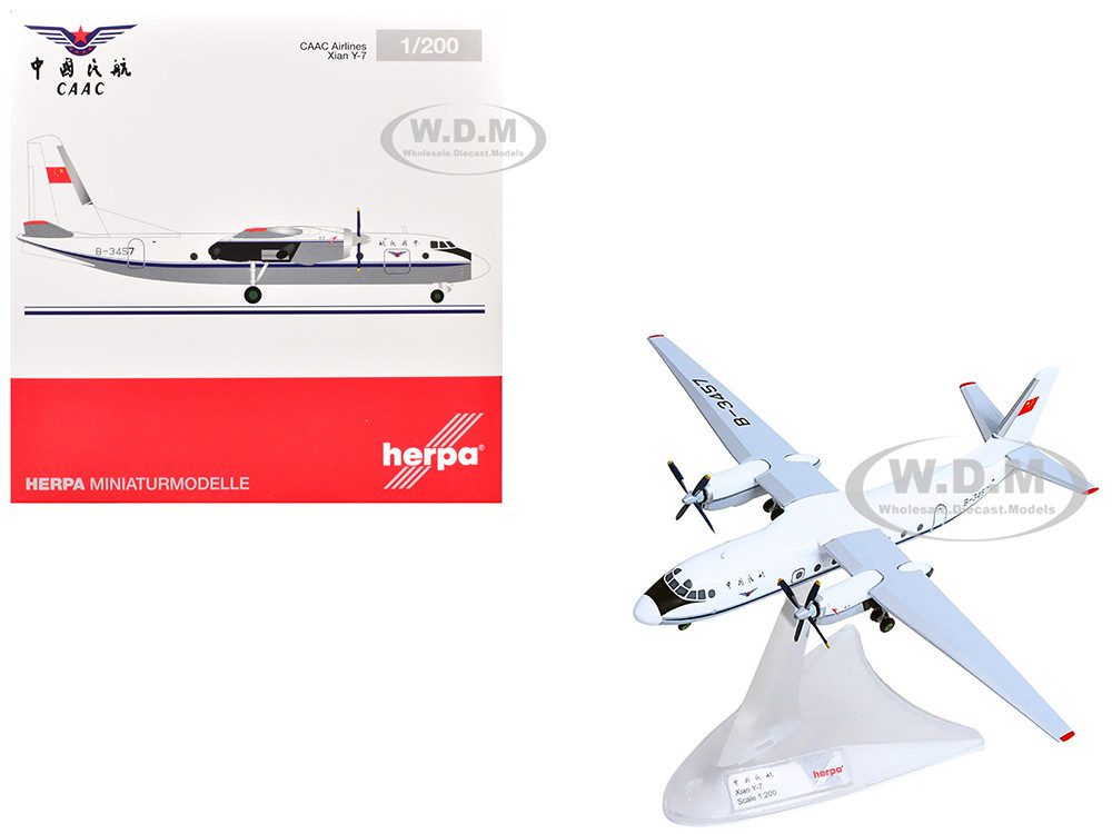 Xian Y-7 Commercial Aircraft "CAAC Airlines" (B-3457) White with Blue Stripes 1/200 Diecast Model Airplane by Herpa