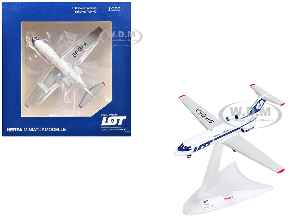Yakovlev Yak-40 Commercial Aircraft "LOT Polish Airlines" (SP-GEA) White with Blue Stripes and Tail 1/200 Diecast Model Airplane by Herpa