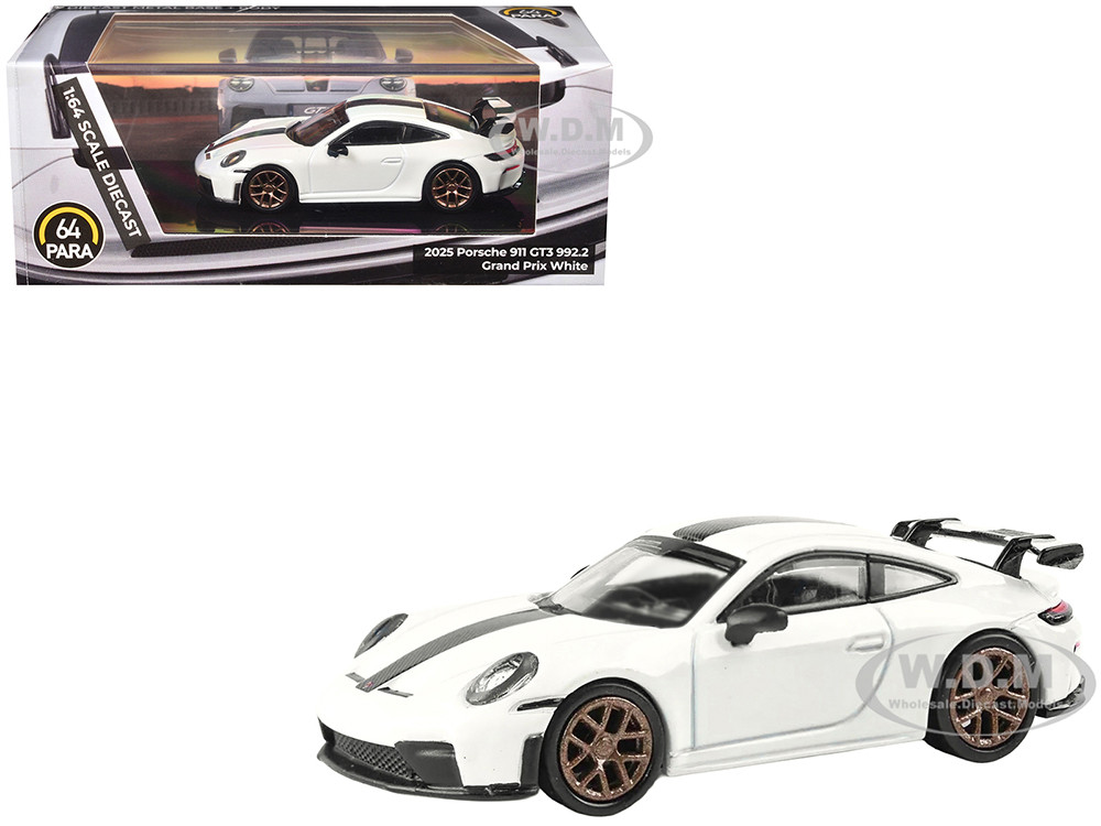 Paragon Models 1:64 2025 Porsche 911 GT3 (992.2) Grand Prix White with Carbon Stripe 1/64 Diecast Model Car by Paragon Models