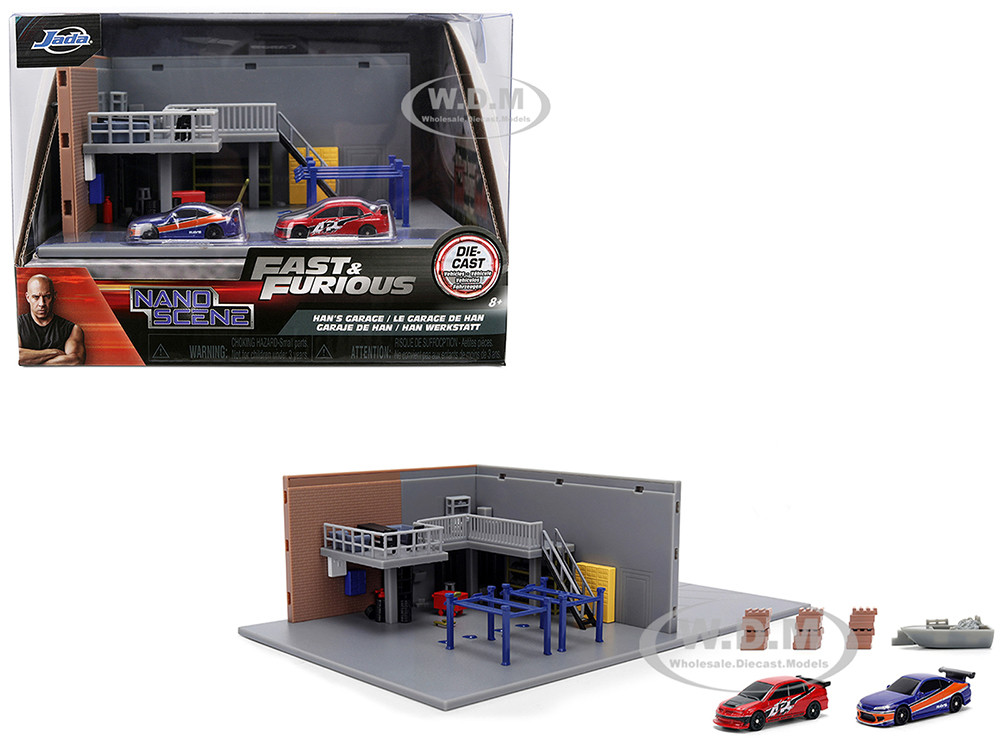 Jada 1:32 "Fast & Furious" Han's Garage Diorama with 2 Cars and Accessories "Nano Scene" Series 1/32 Model by Jada
