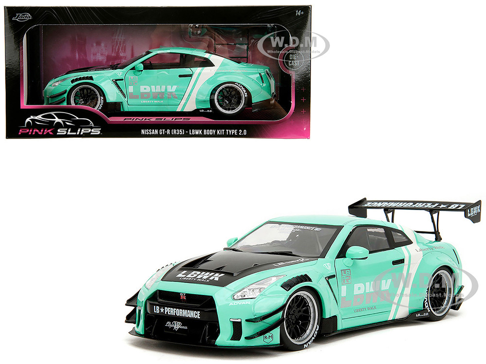Nissan GT-R (R35) Liberty Walk Body Kit 2.0 RHD (Right Hand Drive) Light Blue with Black Hood and White Stripes "Pink Slips" Series 1/18 Diecast Model