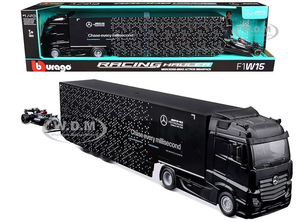 Mercedes-Benz Actros Gigaspace Car Transporter Black and Mercedes-AMG F1 W15 E Performance #63 George Russell "Petronas" Formula One F1 World Champion