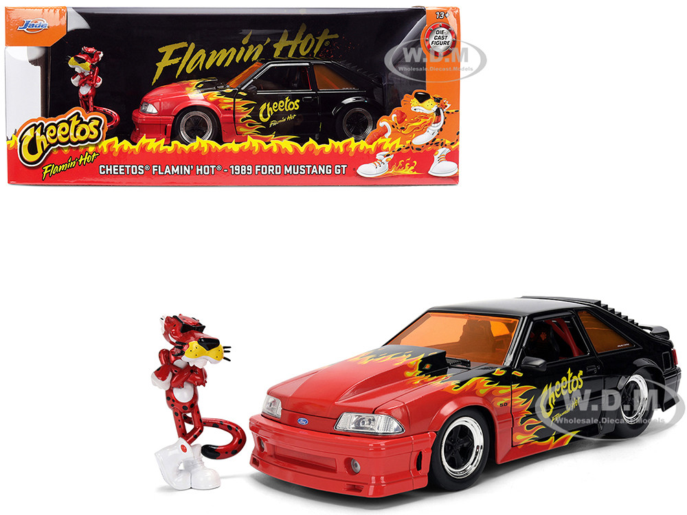 Jada 1:24 1989 Ford Mustang GT Black with Red Flame Graphics and Chester Cheetah Diecast Figure "Cheetos Flamin' Hot" "Hollywood Rides" Series 1/24 Diecast Mode