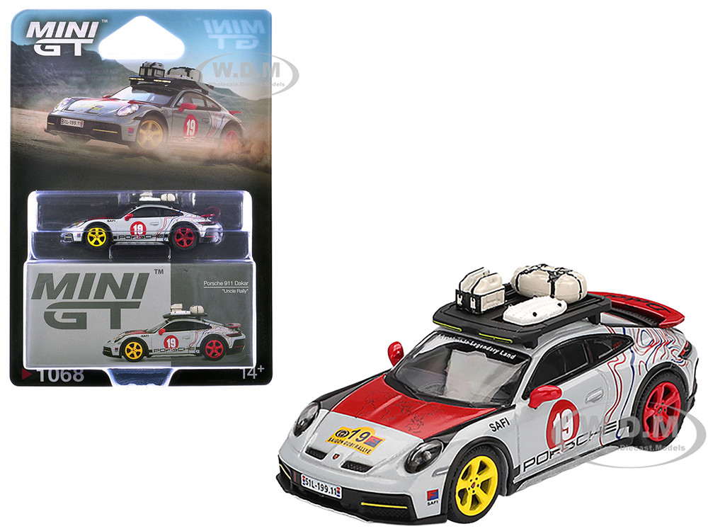 Porsche 911 Dakar #19 "Uncle Rally" Graphics and Roof Rack Limited Edition Mini GT Gray 1:64 diecast model Mini GT TSM