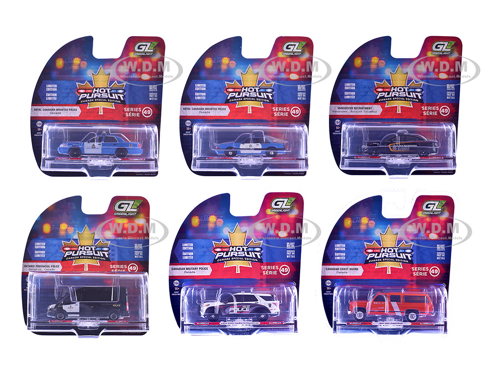 "Hot Pursuit - Canada Special Edition" Set of 6 Police Cars 1/64 Diecast Model Cars by Greenlight