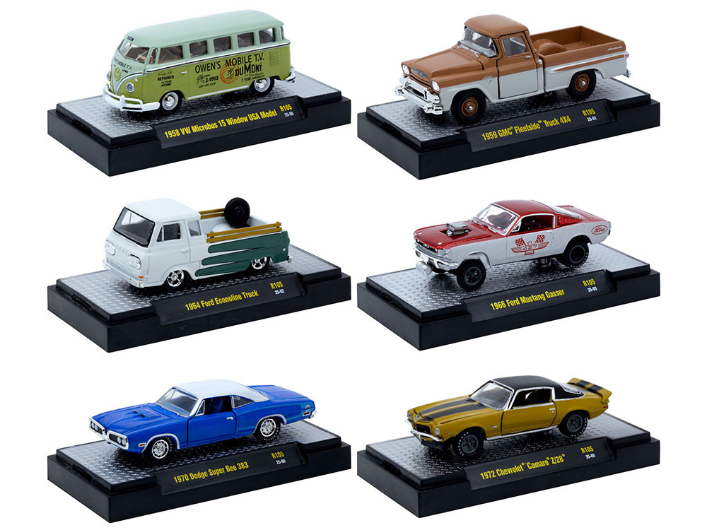 "Auto-Thentics" 6 piece Set Release 105 IN DISPLAY CASES Limited Edition 1/64 Diecast Model Cars by M2 Machines