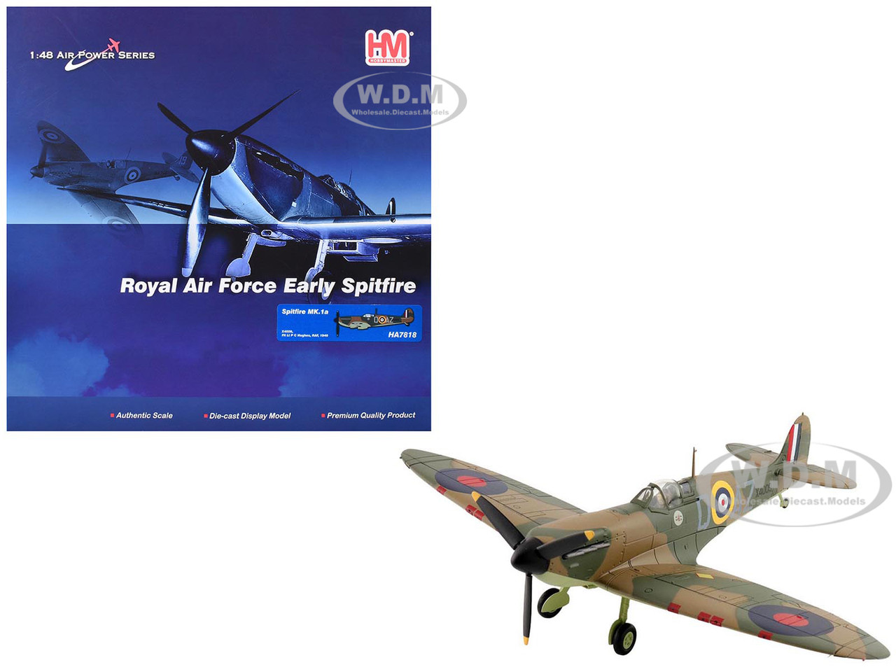 Supermarine Spitfire Mk.1a Fighter Aircraft "X4009, Flight Lieutenant P.C. Hughes" (1940) British Royal Air Force "Air Power Series" 1/48 Diecast Mode