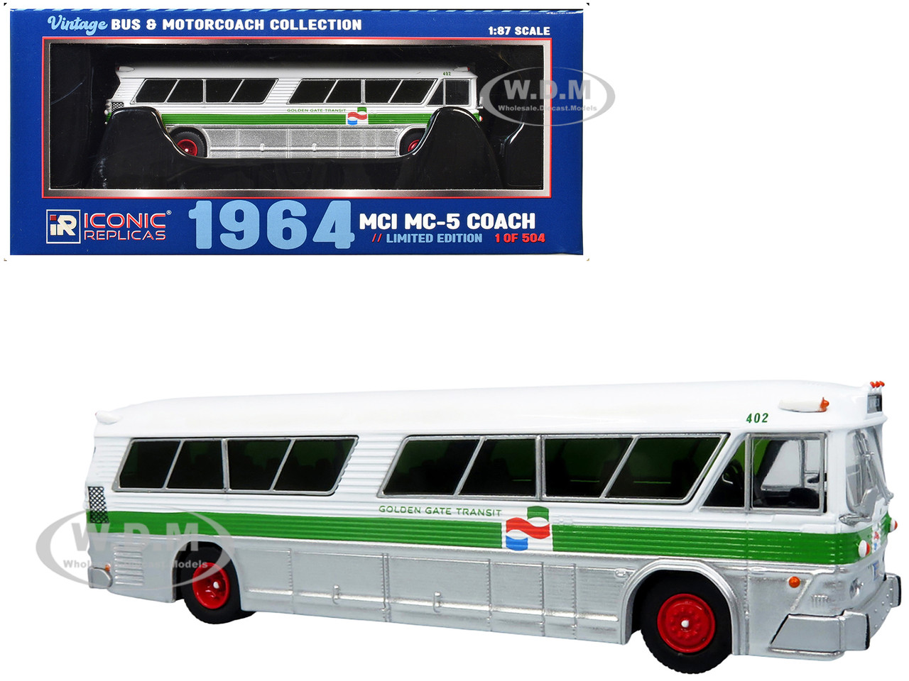 1964 MCI MC-5A Coach Bus "Golden Gate Transit" White with Green Stripes "Vintage Bus & Motorcoach Collection" Limited Edition to 504 pieces Worldwide