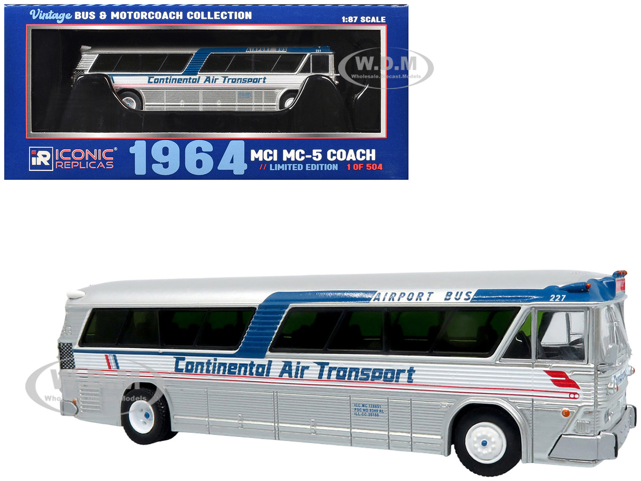 1964 MCI MC-5A Coach Bus "Continental Air Transport" Silver with Blue Stripes "Vintage Bus & Motorcoach Collection" Limited Edition to 504 pieces Worl