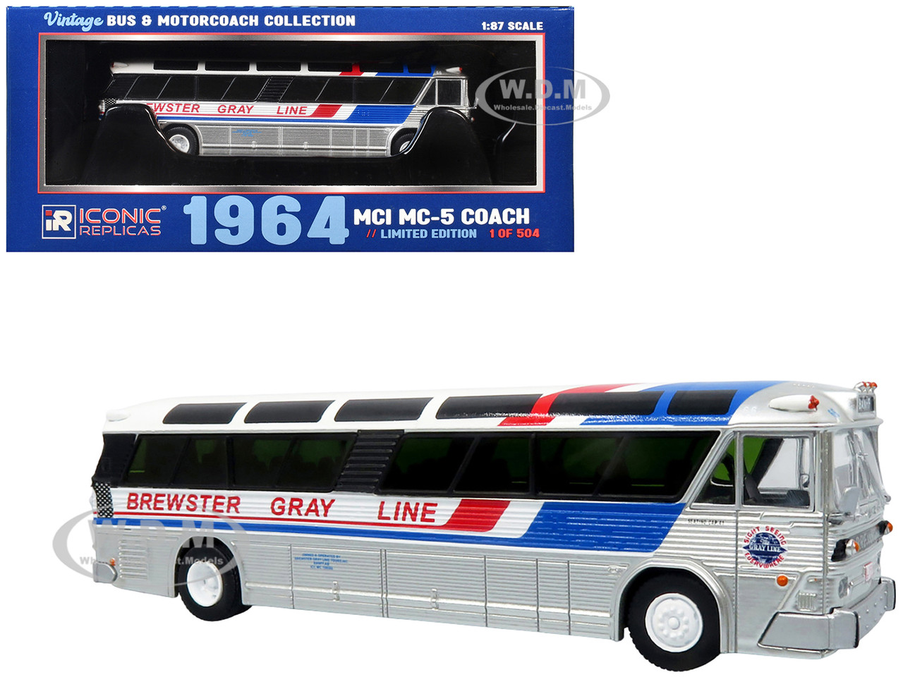 1964 MCI MC-5A Coach Bus "Brewster Gray Line" Silver with Blue and Red Stripes "Vintage Bus & Motorcoach Collection" Limited Edition to 504 pieces Wor