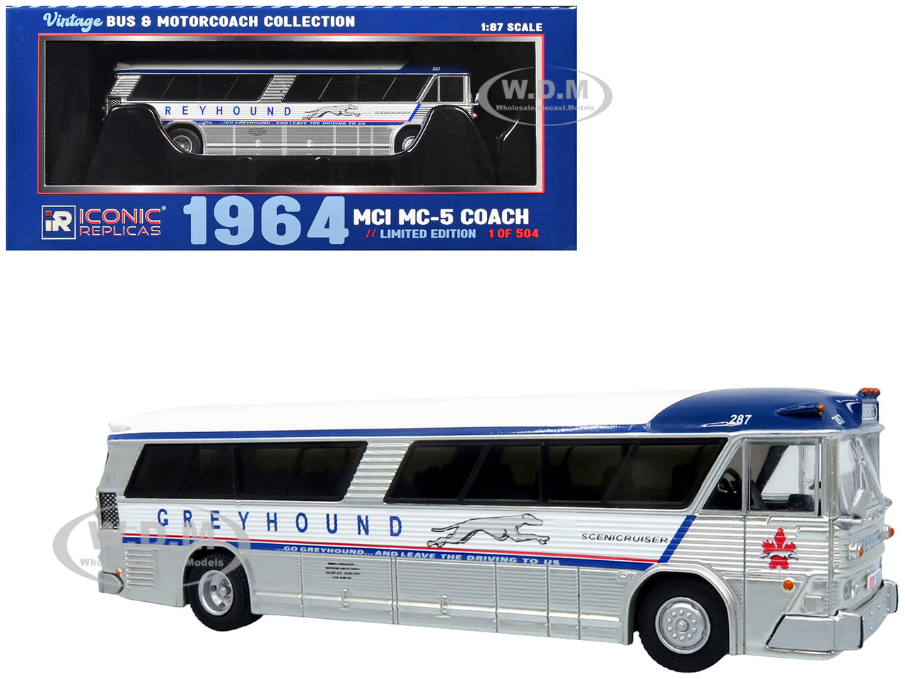 1964 MCI MC-5A Coach Bus "Greyhound Canada" White with Blue Stripes "Vintage Bus & Motorcoach Collection" Limited Edition to 504 pieces Worldwide 1/87